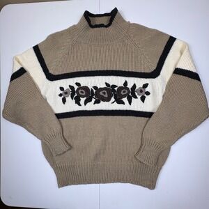 Vtg Style Mock Neck Floral Embroidered‎ Sweater Women's Size M Tan Cream Black